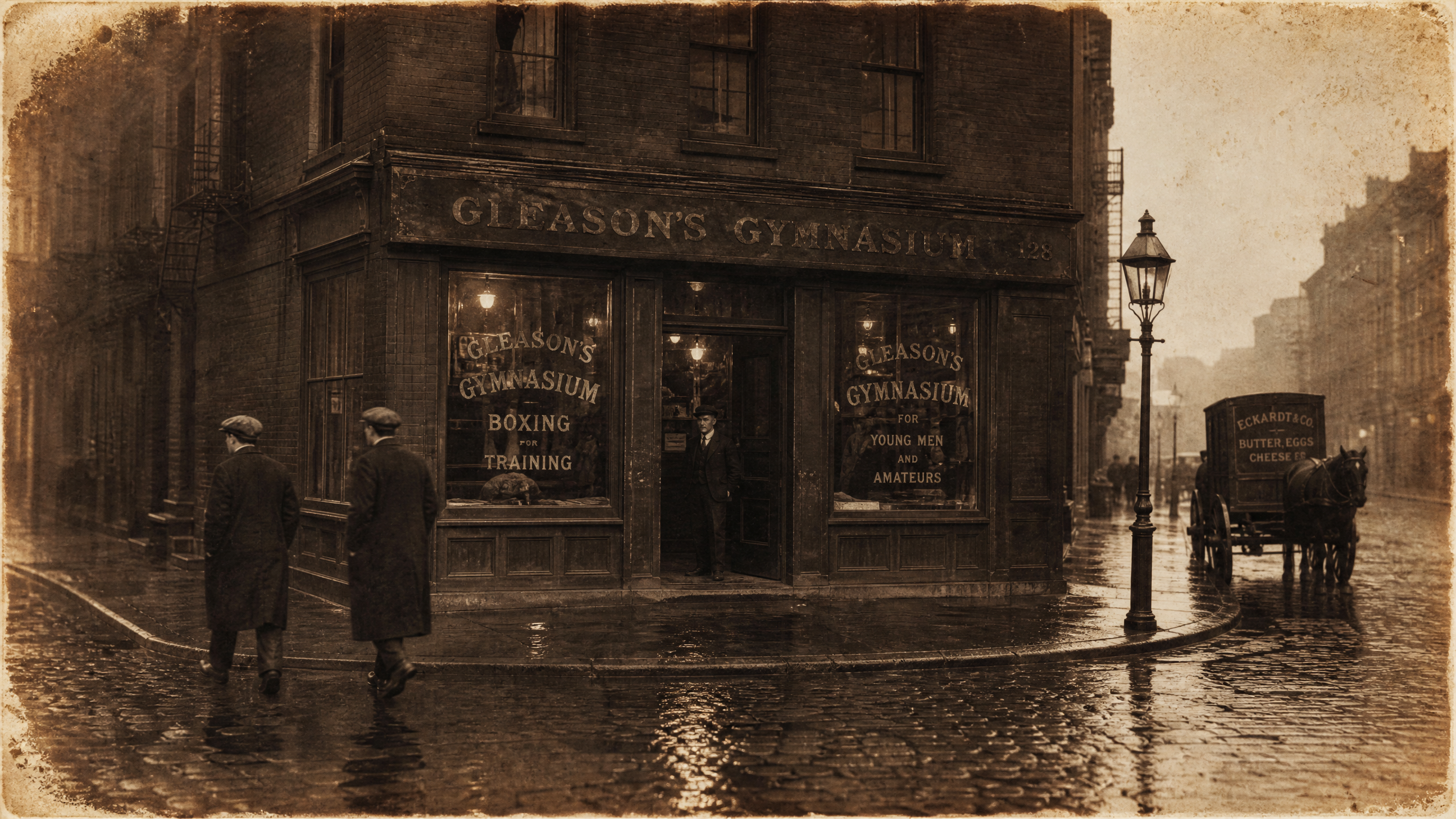 Boxing gymnasium exterior on a rainy New York street