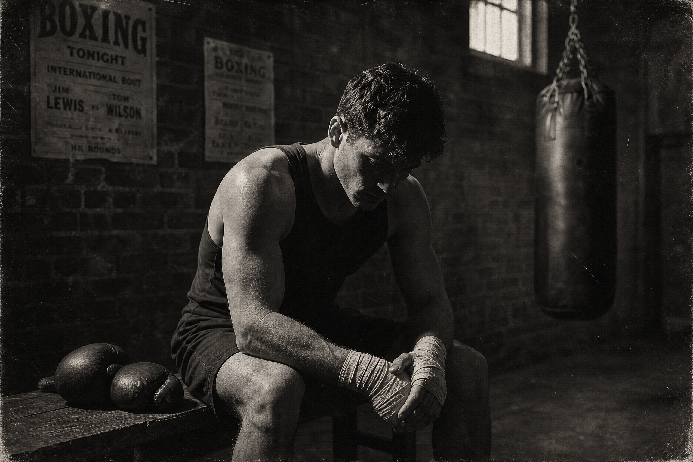 A boxer in contemplation, half in shadow
