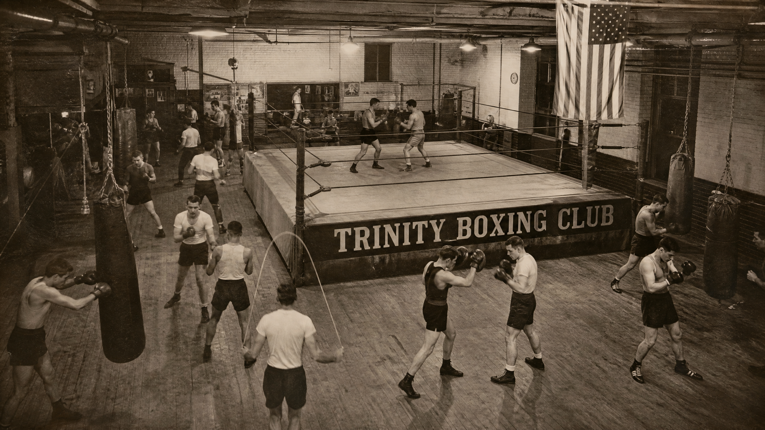 The gym floor — multiple fighters training simultaneously