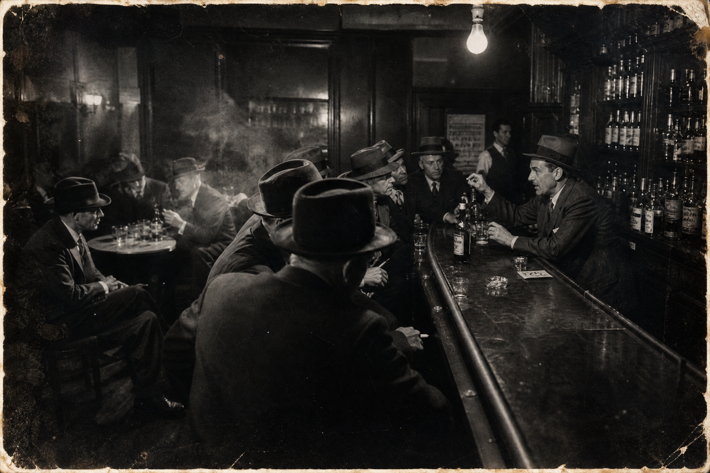 A smoky speakeasy, men gathered around the bar