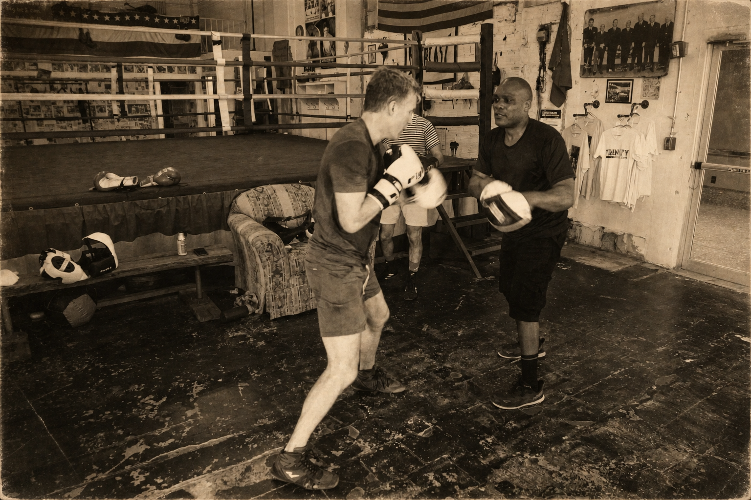 Mitt work beside the ring under the American flag at Trinity Boxing Club, New York